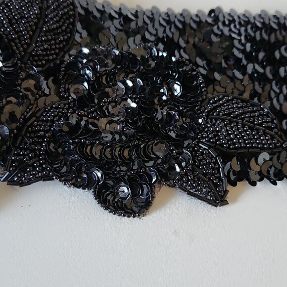FRANK USHER | Elasticized Belt Sequins Appliqued Flowers Black Sz 12 - Picture 2 of 6